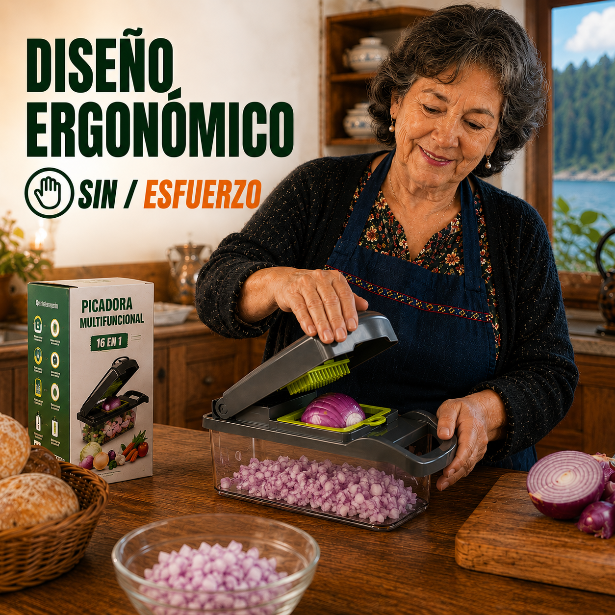 Picadora en uso cortando cebolla, con tomates y pepino alrededor