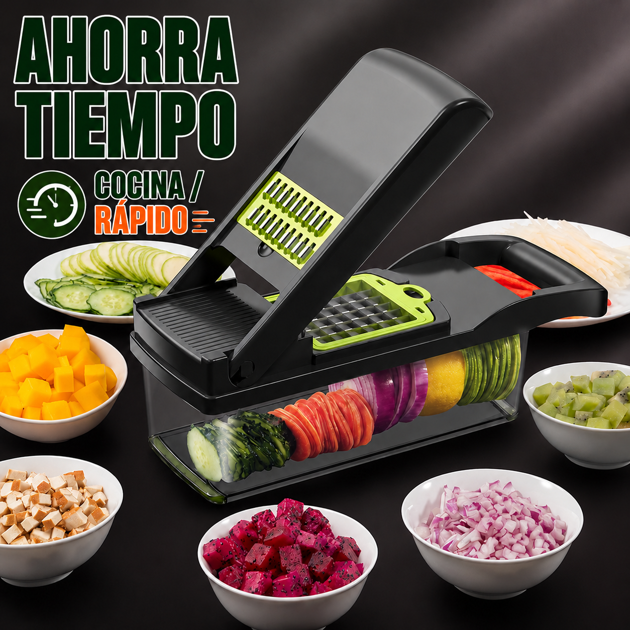 Bowls con frutas y verduras cortadas con la picadora